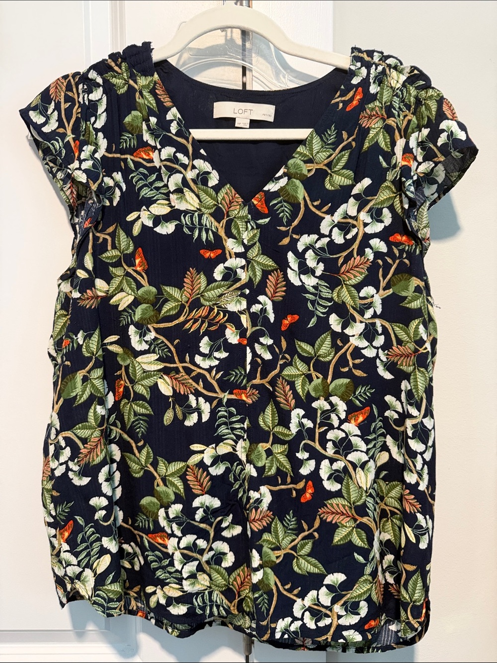 LOFT Navy Floral Button-Front Short Sleeve Blouse